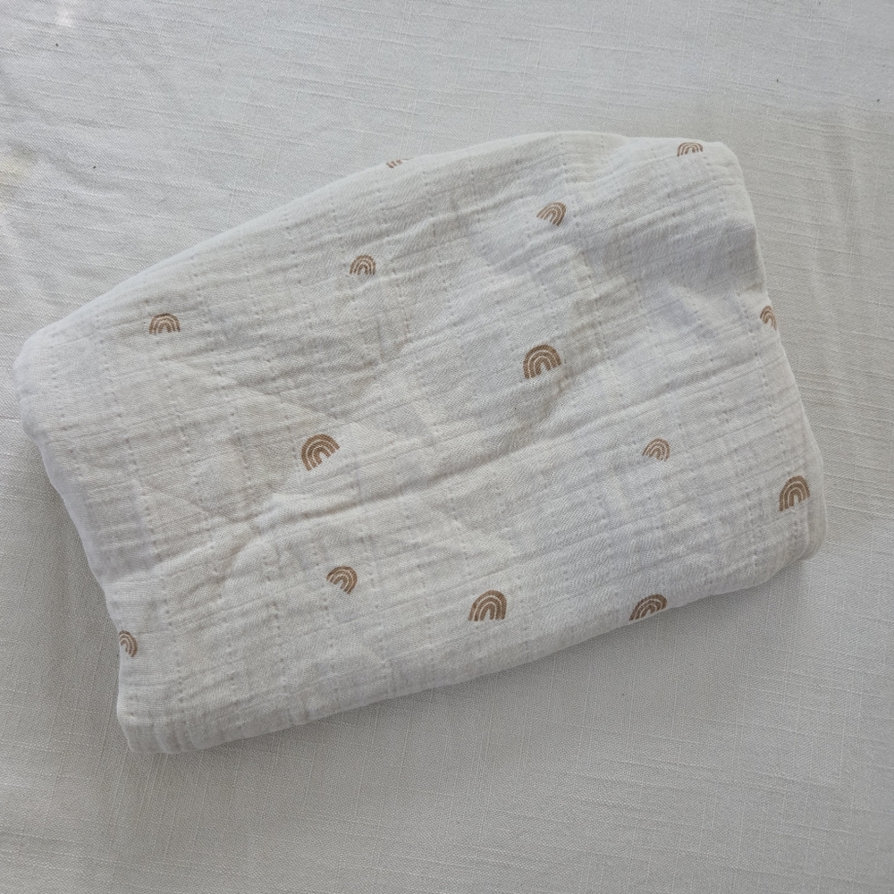 Mushie Rainbow Neutral Muslin Soft Organic Cotton Tan Baby Blanket Swaddle